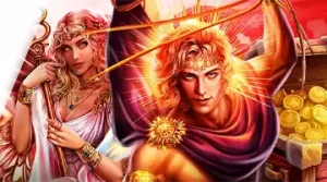 Изображение мифологических фигур, рекламирующих турнир Blitz Spinomenal в Кент на фоне яркого света и сокровищ.